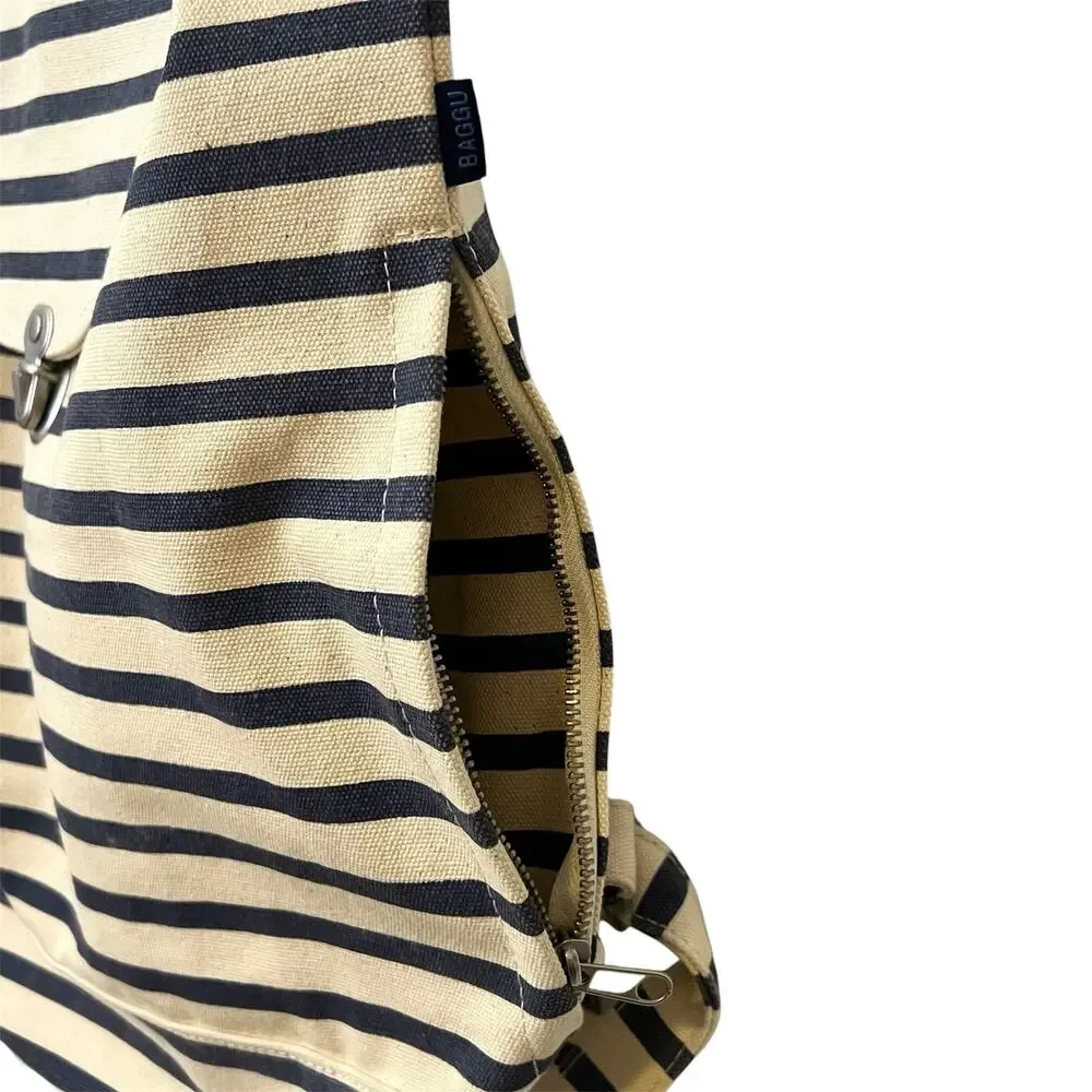 BAGGU Sailor Stripe Canvas Drawstring Backpack Black Cream Discontinued Large